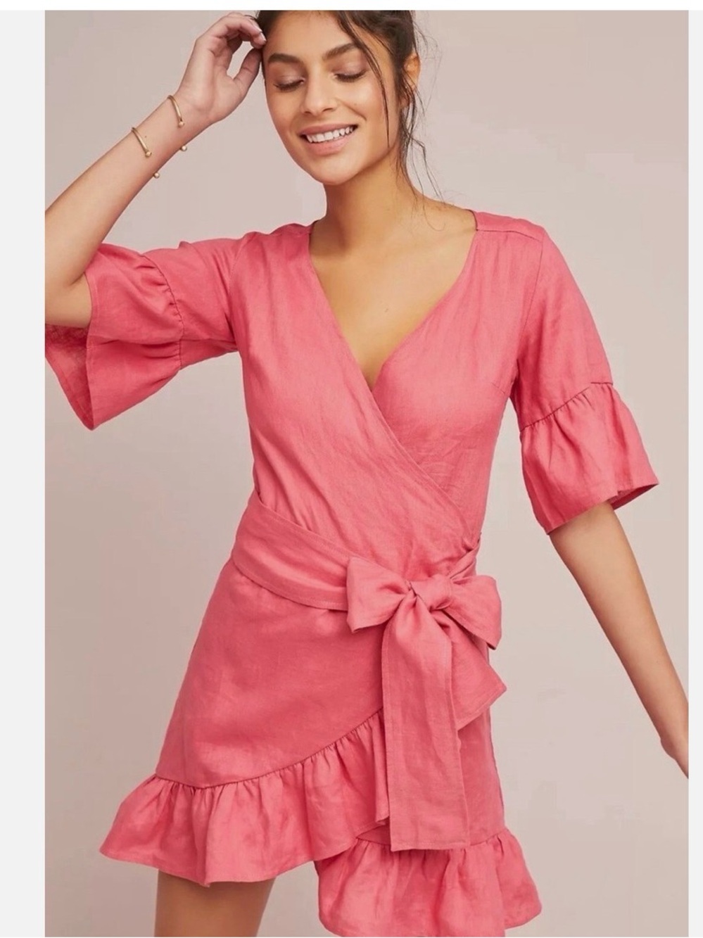 Anthropologie 4our Dreamers Talula Womens Pink Linen Faux Wrap Dress Size S